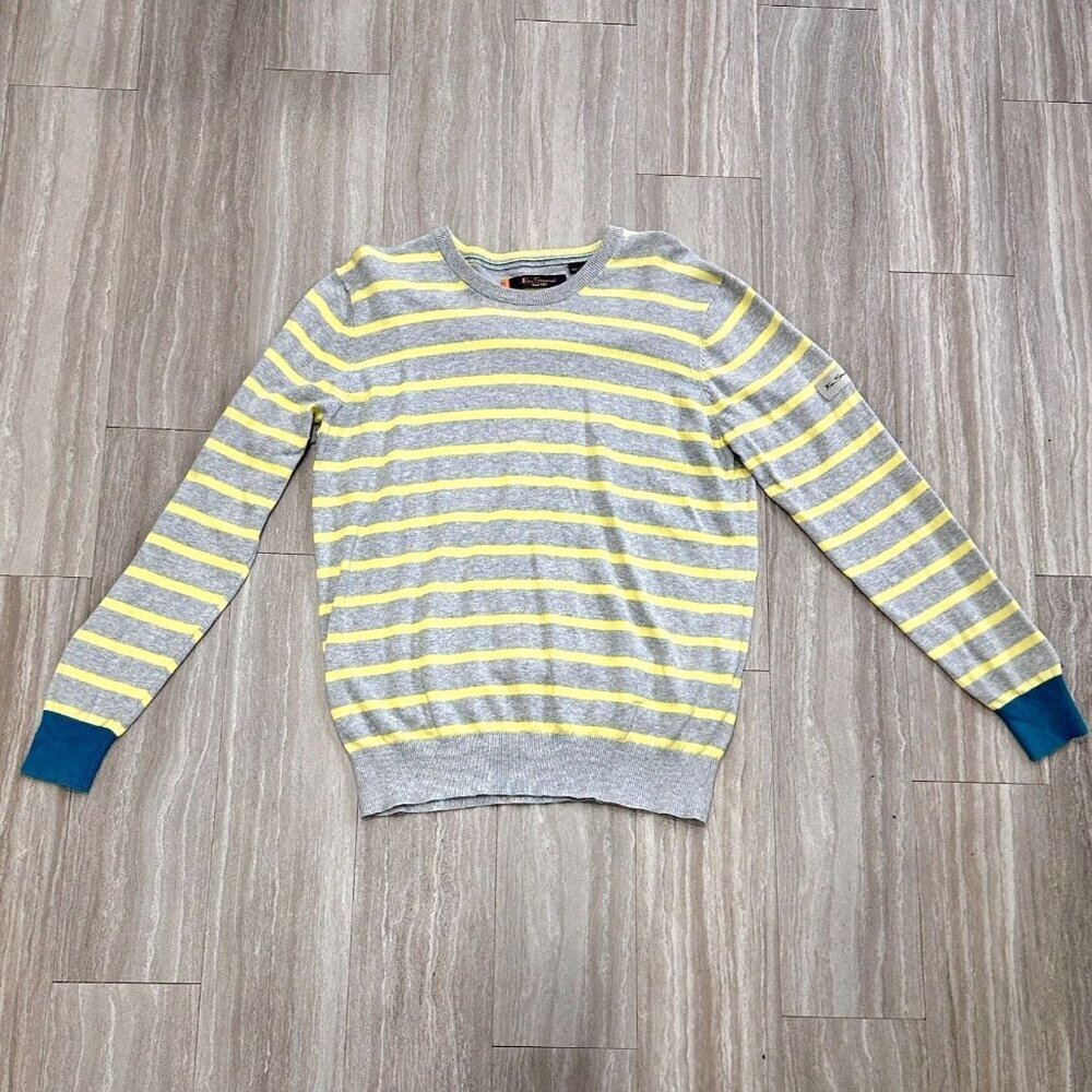 Ben Sherman Men's XL Striped Sweater Gray Yellow Blue-Green Cuffs